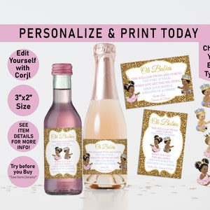 Twins Baby Shower Mini Wine Labels, Oh Babies Pink Blue GOLD Princess Prince EDITABLE Mini Wine Wine Labels, Boy Girl Twins, Champagne, A29