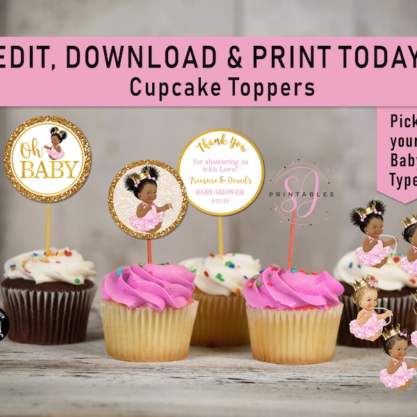 EDITABLE Pink Gold Cupcake Toppers, Pink Princess Cupcake Toppers, Little Queen, Baby Shower, Afro Puffs, Ethnic, Sticker, Gold Glitter A01