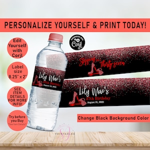 Stepping into ANY AGE Red Glitter Birthday Water Bottle labels, Printable Water, Party Favor, Adult Birthday water wrappers, heels, y15
