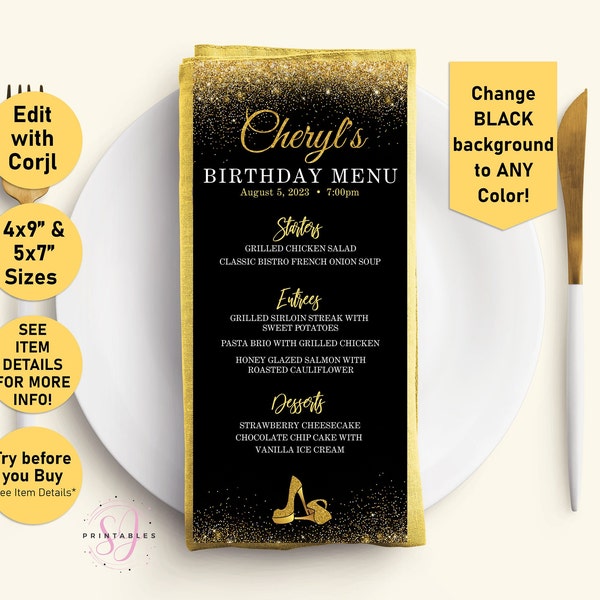 Stepping into ANY AGE Birthday EDITABLE Menu, Birthday Party Menu, Printable Menu template, Birthday dinner menu, Gold and any color, Y02