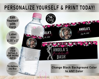 Puede incluir: Plantilla de etiqueta para botella de agua con fondo negro, purpurina rosa y plateada y el texto "Angela's Bachelorette Bash". La etiqueta también incluye una silueta de una mujer con vestido y tacones altos. La etiqueta mide 21 cm por 5 cm.