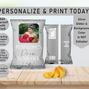 May include: Silver chip bag wrapper with a glitter background. The bag has a photo of a person in a red dress and the text "PENELOPE'S Prom SEND-OFF 2022".