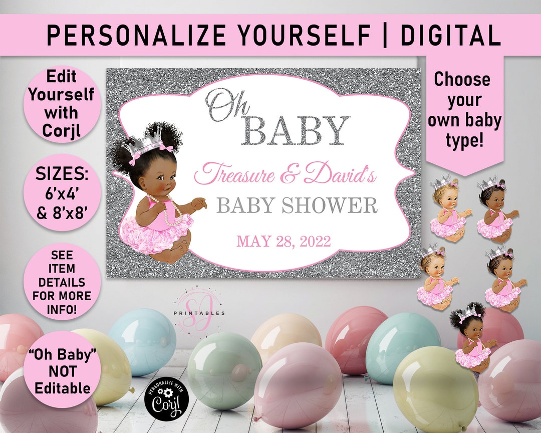 DIGITAL FILE Oh Baby Pink and Silver Backdrop, 4x6ft, 8x8ft Baby Shower