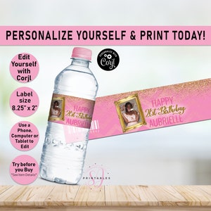 Shimmery Gold Glitter and Pink Birthday water bottle labels, ANY AGE, Water Wrapper, Adult, Teen, Pink Chevron, Editable, Printable, Y20