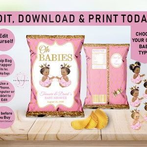 Twin Princesses EDITABLE Chip Bag, Twins, Girls, Baby Shower, Chip bag Wrapper, Oh Baby, Pink, Gold,Puffs, Girl, African American, A01t