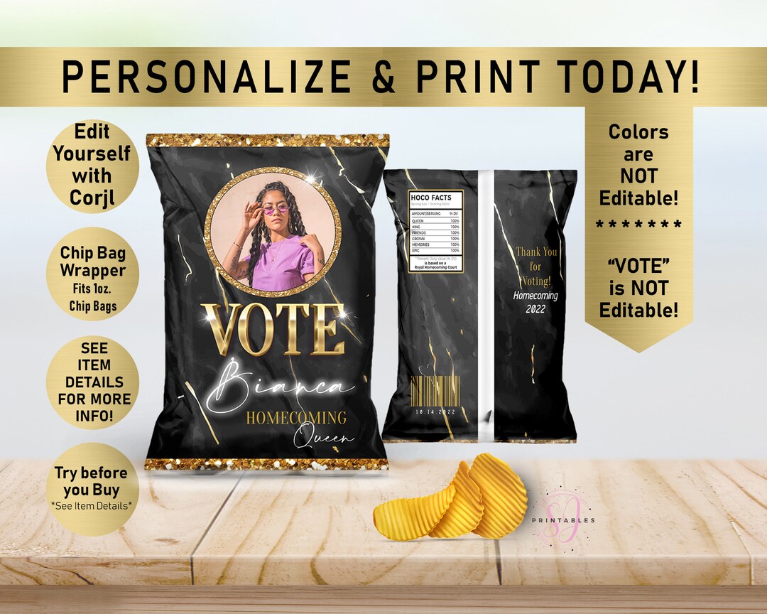 Gold and Black Chip Bag Wrapper, Favor Bag, Photo
