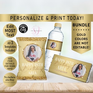 Gold on Gold Glitter BIRTHDAY BUNDLE, Gold, Hershey Candy Wrapper, Chip Bag Wrapper, Water Bottle Label, Birthday favors, woman,Any Age, B37