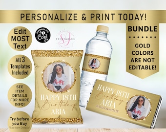 Gold on Gold Glitter BIRTHDAY BUNDLE, Gold, Hershey Candy Wrapper, Chip Bag Wrapper, Water Bottle Label, Birthday favors, woman,Any Age, B37