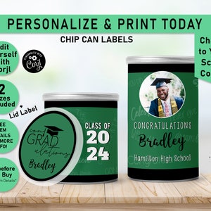 May include: Two printable chip can labels for a graduation party. The labels are green and black with the text "Class of 2024" and "Congratulations Bradley Hamilton High School". One label has a photo of a graduate in a cap and gown.