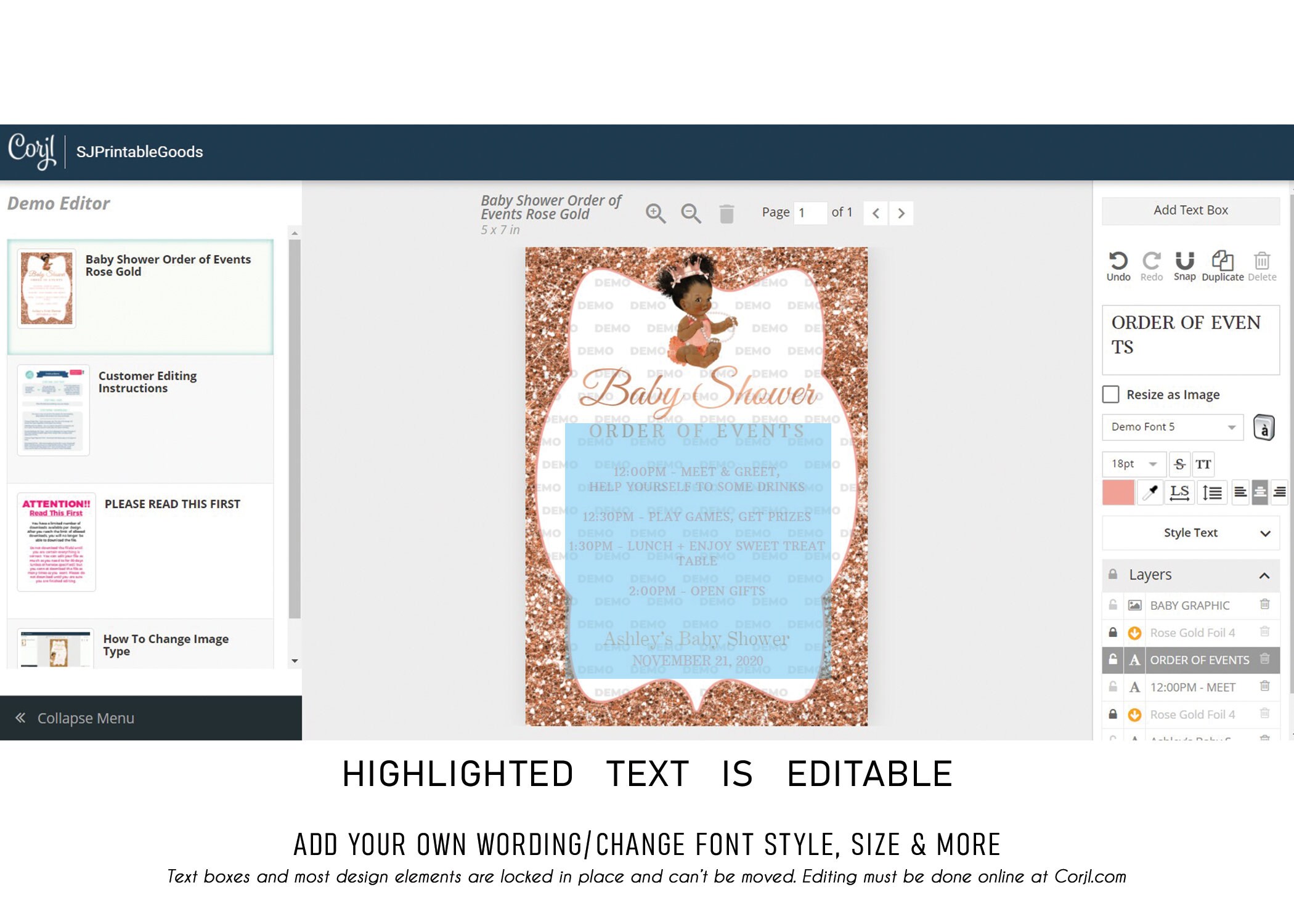 Baby Shower Order of Events Templateprintable Rose Gold Etsy