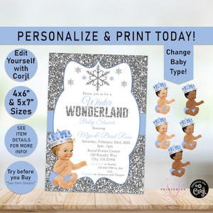 Light Blue WINTER WONDERLAND Baby Shower Invite, Winter Invitation Shower, Snowflake Baby Shower, Prince, Silver, Blue, Printable, Z07