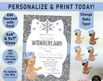 May include: A blue and silver baby shower invitation with a snowflake design. The invitation says "Winter Wonderland Baby Shower" and includes the names "Mya & Brad Ress".