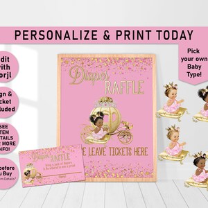 Royal Blush Pink Princess Baby Shower DIAPER RAFFLE Sign and Ticket, Pink and Gold Diaper Raffle, games, Baby, Carriage, Insert Card, C06