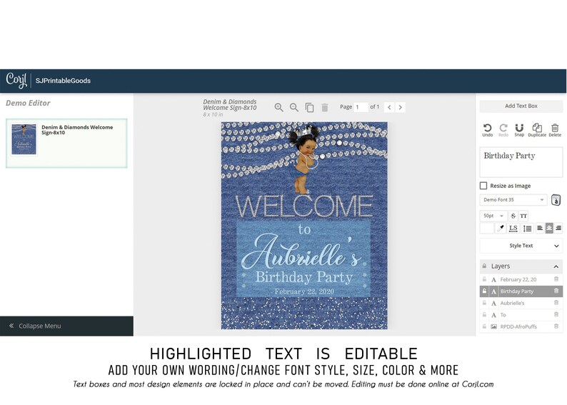 May include: A printable welcome sign for a birthday party. The sign is blue with a denim texture and features a silver glitter design. The text on the sign reads "Welcome to Aubrielle's Birthday Party" with the date "February 22, 2020".