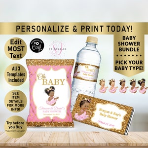 May include: A printable baby shower bundle with a pink and gold glitter design. The bundle includes a chip bag, water bottle label, and chocolate bar wrapper. The text on the labels says "Oh Baby" and includes the names of the parents and the date of the baby shower.