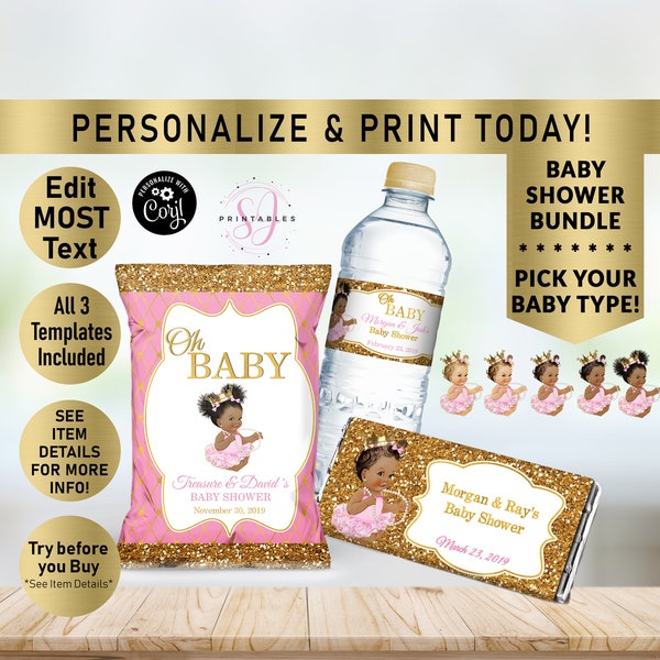 Oh Baby Pink and Gold Princess BABY SHOWER BUNDLE, Hershey Candy Wrapper, Chip Bag Wrapper, Water Bottle Label, favors, Little Princess, A01