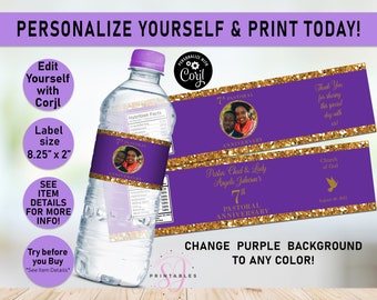 Pastoral Anniversary Gold and ANY COLOR EDITABLE water bottle labels, Water Wrapper, Pastor, First Lady, Church, Water Label Wrappers, CC2