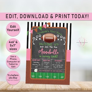 Girl Pink Football Birthday Invite, Football, Girl Birthday, football party, american football birthday, 1st, 2nd, any age, brown, green F01
