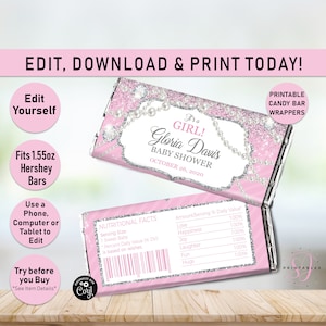BABY SHOWER Glitter & Pearls Pink HERSHEY Candy Bar wrapper, Candy Wrapper, Pink, Silver, Glitz, Glam, Wrappers, Editable, A10, A11