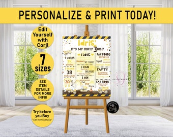May include: A printable birthday chart for a child turning three years old. The chart is decorated with a construction theme and features a yellow and black color scheme. It includes information such as the child's name, age, weight, height, favorite foods, and favorite TV shows. The chart is designed to be personalized with the child's information.