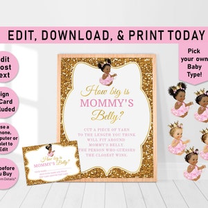 Pink & Gold Princess How big is mommy's belly baby shower game, Belly game, Mommy's Belly Sign and Card, baby shower games, Puffs, A01