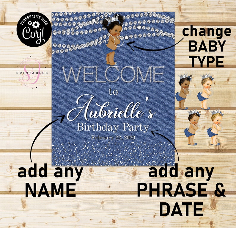 May include: A blue denim welcome sign with silver glitter and rhinestones. The sign says "Welcome to Aubrielle's Birthday Party" with the date "February 22, 2020".