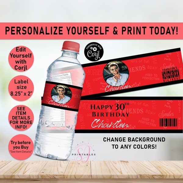 Adult Birthday Words ANY COLOR water bottle labels, Any Age water Labels, Water Wrapper, Adult, Man, Woman, Photo, Editable, Printable, B25
