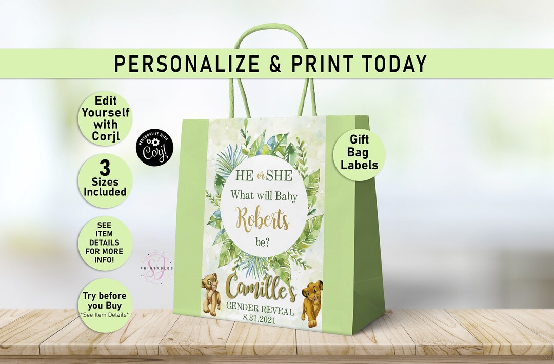 Simba and Nala Gender Reveal Baby Gift Bag Label, Lion King Gender ...