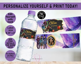 ANY AGE Descendants Birthday EDITABLE water bottle labels, Water Wrapper, Descendants Party, tween, teen, teen party, printable labels, D01