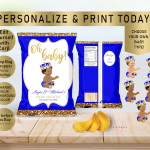 May include: Blue and gold chip bag wrapper with a baby shower theme. The wrapper features a cartoon baby boy wearing a crown and the text "Oh baby!" and "Angie & Michael's Baby Shower".