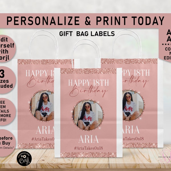 Rose Gold on Rose Gold Glitter ANY AGE Birthday Gift Bag Label, Gift Bag Labels, Favor Bag label, Goodie bags, Birthday, Teen, Tween, B35