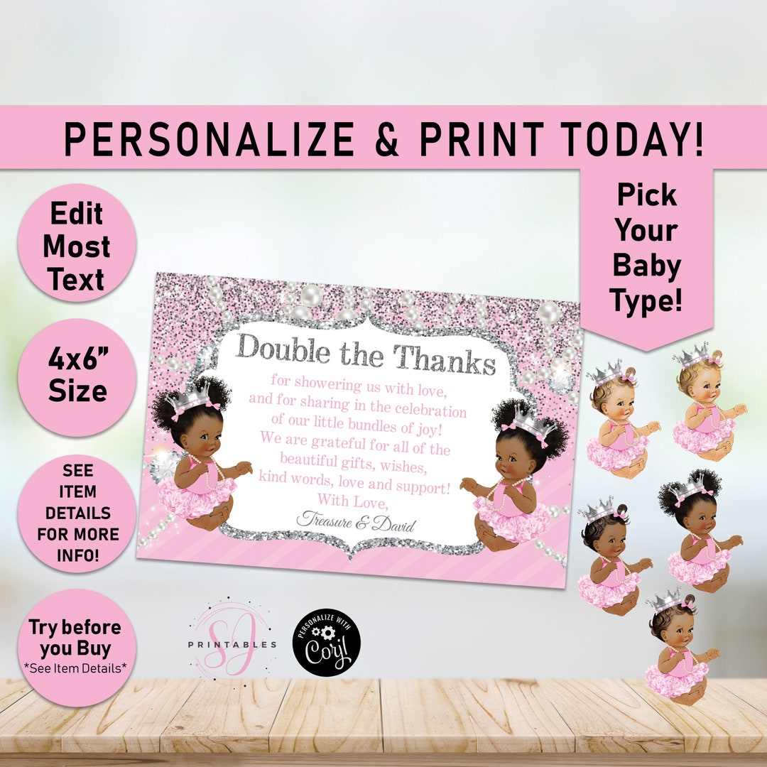 Double the Thanks Twins Thank You Card, Glitter & Pearls Pink Silver ...