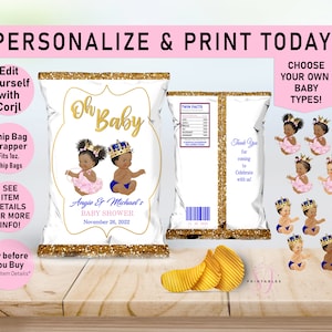 Twin Boy and Girl EDITABLE Chip Bag, Twins, Baby Shower, Chip bag Wrapper, Pink, Blue, Gold, Twin siblings, Birthday, African American, A40