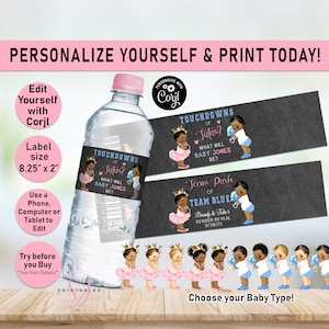 Touchdowns or Tutus Gender Reveal Baby Water labels, Football Reveal, Baby reveal, boy or girl reveal label, he or she, Pink or Blue, R20