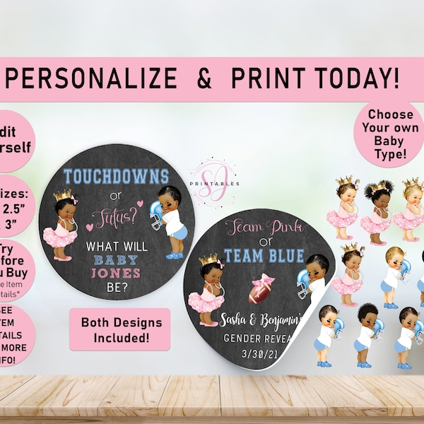 Touchdowns or Tutus Gender Reveal Baby Favor Stickers, Football Pink or Blue Stickers, He or She, gender reveal sticker, Thank You, R20