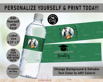 ANY COLORS Graduation EDITABLE water bottle labels, class of 2024, Choose Your School Colors, Bottle Water Wrapper, Graduate, Grad, G39