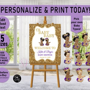 Twins WELCOME Sign, Oh Baby Baby Shower sign, Twins, Twin Girls Twin Boys, Twin Boy Girl, Gold, Purple, Royal, Printable, Welcome Sign, A28
