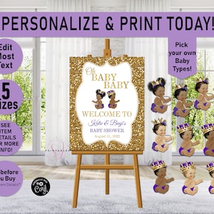 Twins WELCOME Sign, Oh Baby Baby Shower sign, Twins, Twin Girls Twin Boys, Twin Boy Girl, Gold, Purple, Royal, Printable, Welcome Sign, A28