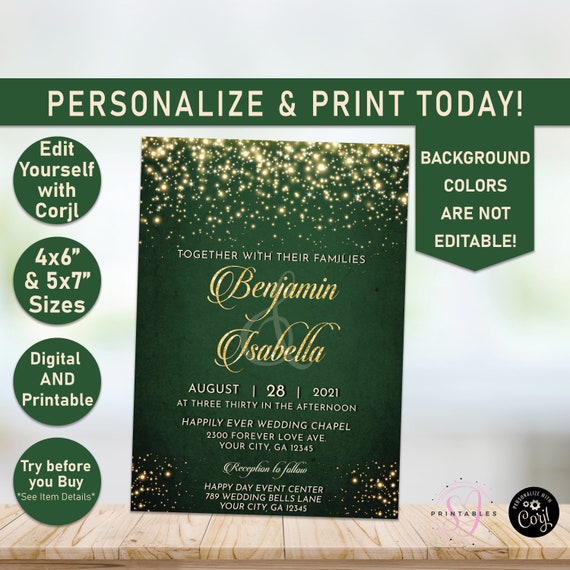 Elegant Gold and Hunter Green Wedding Invitation Printable