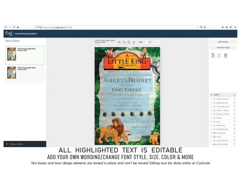 May include: A printable invitation for a baby shower with a jungle theme. The invitation features a cartoon lion and the text "A Little King is on his way". The invitation is customizable with editable text boxes.