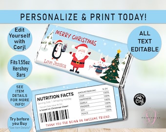 Christmas Hershey candy bar wrapper label, Editable Christmas chocolate wrapper, candy wrapper, Christmas, printable, Santa and friends, H05