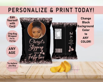 Stepping into ANY AGE Rose Gold Glitter Birthday Chip Bag Wrapper, Favor Bags, Adult, Birthday, Chip label, Photo Chip Bag, Printable, Y04