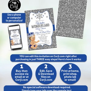 May include: A blue and silver printable invitation for a Winter Wonderland baby shower. The invitation features a snowflake design and a cartoon baby boy wearing a crown. The text on the invitation reads "Please join us for a Winter Wonderland Baby Shower Honoring Mya & Brad Ross".