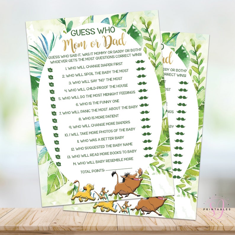 Lion King Printable Editable baby shower games L01 Lion King Baby Shower mom or dad game Lion King Game Simba Guess who mom or dad game