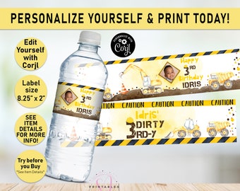 May include: Printable water bottle labels featuring a construction theme with a yellow excavator, a child's photo, and the text "Happy 3rd Birthday Idris". The labels are 8.25 inches by 2 inches.