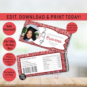 Graduation Candy Bar Wrapper, Red, Black, Chocolate Wrappers, Class of 2025, Party Favors, Printable Candy Labels, 2024, Grad, Instant G01