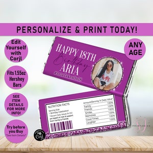 Purple Birthday Hershey Candy Bar Wrappers, Purple on Purple Glitter ANY AGE Candy Bar label, Party Favor, any age, teen party favor, B31