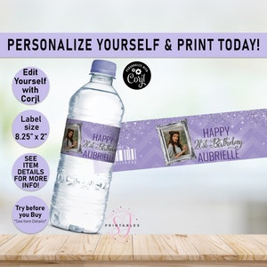 Shimmery Silver Glitter and Purple Birthday water bottle labels, ANY AGE, Water Wrapper, Adult, Teen, Chevron, Editable, Printable, Y25