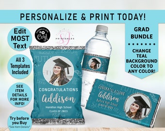 GRAD BUNDLE, Congratulations Grad Bundle, Graduation, Any COLOR and Silver Glitter, Hershey Candy Wrapper, Chip Bag, Water Bottle Label, G20