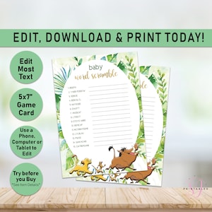 Lion King baby shower baby word scramble game card, Simba, baby shower word scramble, Lion King, Editable baby shower game template, L01